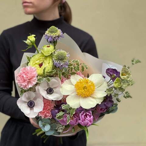 Bouquet «Walk in the Garden», Flowers: Paeonia, Anemone, Eustoma, Pion-shaped rose, Dianthus, Scabiosa, Tulipa, Pittosporum