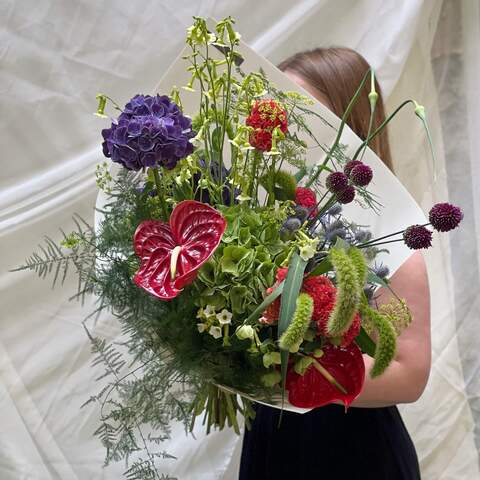 Bouquet «Chervona Ruta», Flowers: Hydrangea, Anthurium, Setaria, Allium, Asparagus, Celosia, Eryngium
