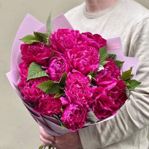 Photo of 13 peonies in a bouquet «Raspberry frenzy»