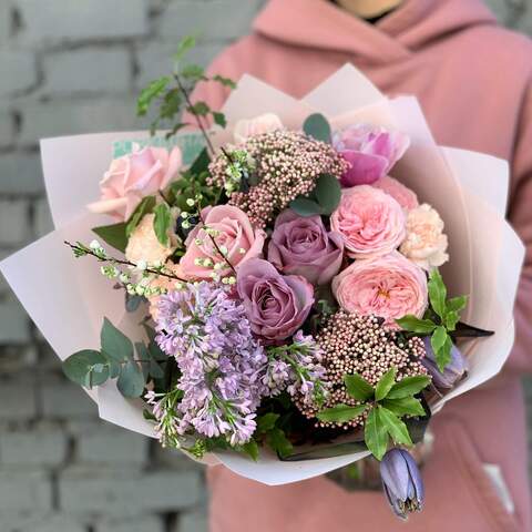 Букет «Утреннее приветствие», Цветы: Роза, Роза пионовидная, Сирень, Тюльпан, Анемон