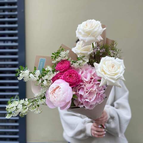 Bouquet «Timid Cheeks», Flowers: Paeonia, Hydrangea, Pion-shaped rose, Rose, Chamelaucium