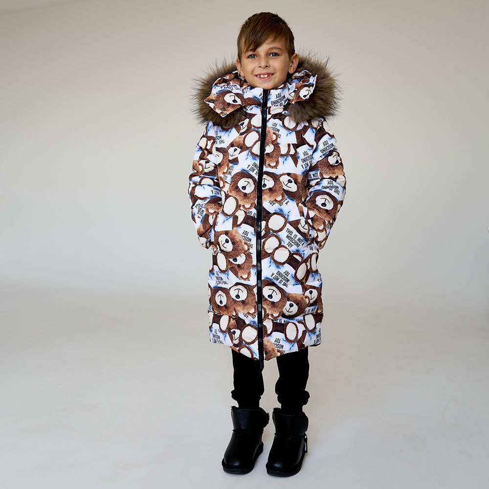 Дитяче підліткове зимове пальто з принтом ведмедика з натуральної опушенням
