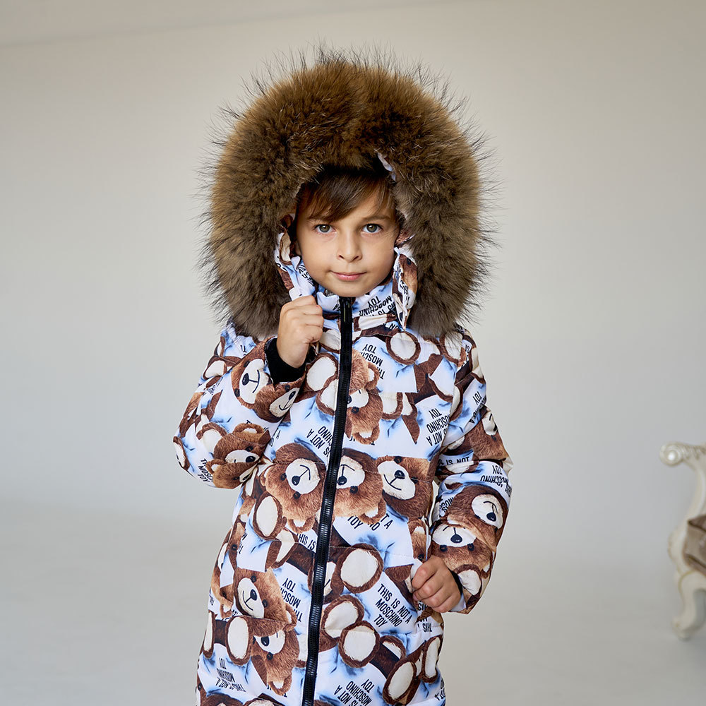 Дитяче підліткове зимове пальто з принтом ведмедика з натуральної опушенням