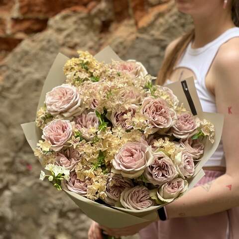 Fantastic bouquet with Notre Dame spray peony roses «Paris Summer», Flowers: Peony Spray Rose, Phlox