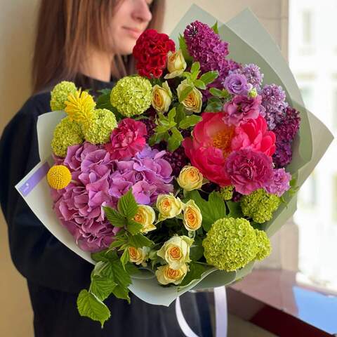 Bouquet «Gardens of Childhood», Flowers: Paeonia, Syringa, Hydrangea, Bush Rose, Craspedia, Kniphofia, Viburnum, Celosia, Dianthus