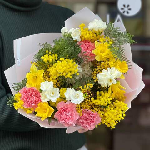 Photo of Fragrant spring bouquet with mimosa, daffodils, dianthus and freesias «Aroma of feelings»