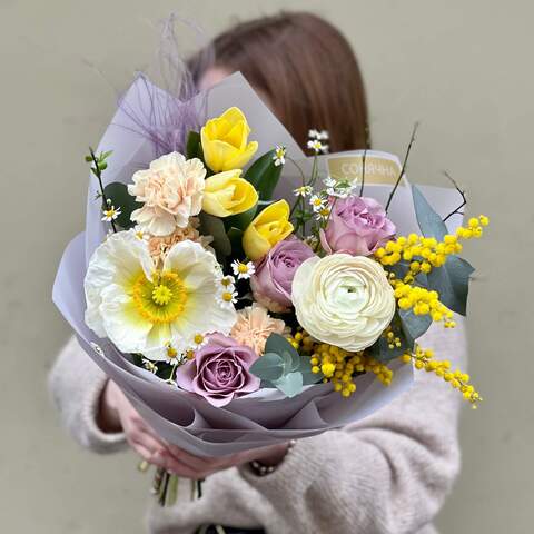 Bouquet «Sensual flower», Flowers: Papaverum, Rose, Mimosa, Dianthus, Tulipa, Tanacetum, Eucalyptus, Prunus