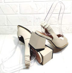Летняя кожаная обувь женская - бежевые босоножки на устойчивом каблуке Brocoli H150-9137-2234 Cream.