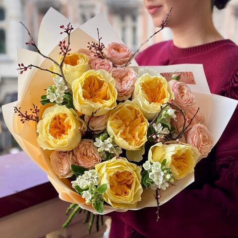 Trending Antonia roses in a bouquet «Passion of the Sun», Flowers: Prunus, Bush Rose, Oxypetalum, Pion-shaped rose