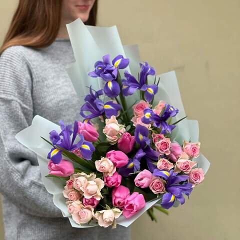 Bouquet «Cheerful Tetyanka», Flowers: Iris, Tulipa, Bush Rose