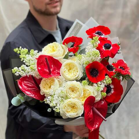 Bouquet «Casanova», Flowers: David Oustin Rose, Syringa, Anthurium, Anemone, Eucalyptus