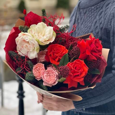 Photo of Bright red-milky bouquet with amaryllis and Nina roses «Holiday fragrance»
