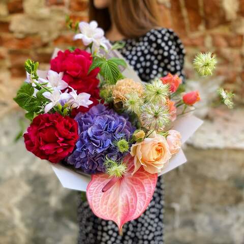 Bouquet «Unexpected Kiss», Flowers: Paeonia, Hydrangea, Freesia, Anthurium, Nigella, Tulipa, Rose, Dianthus