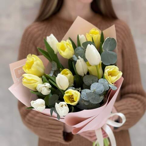 Bouquet «Hello, Oksana!», Flowers: Tulipa, Eucalyptus