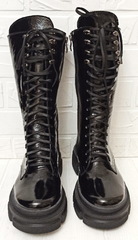 Грубые ботинки кожаные. Высокие черные ботинки женские на толстой подошве.Зимние ботинки на шнуровке 321-90.