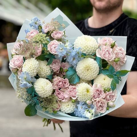 Pastel bouquet with spray peony roses «Rainbow Iridescence», Flowers: Peony Spray Rose, Dahlia, Rubus Idaeus, Delphinium, Ammi