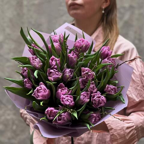 Photo of Classy bouquet of peony tulips and blooming twigs «Lilac petals»