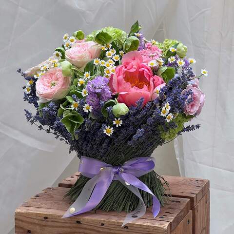 Flower sheaf «Dawn Provence», Flowers: Lavandula, Paeonia, Pion-shaped rose, Viburnum, Scabiosa, Hydrangea, Helleborus, Tanacetum