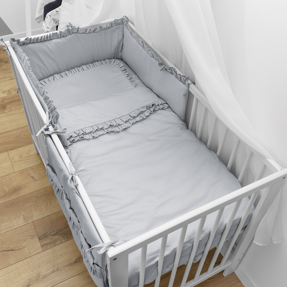 Комплект в дитяче ліжечко з 8 предметів з балдахіном Warmo™ СІРИЙ