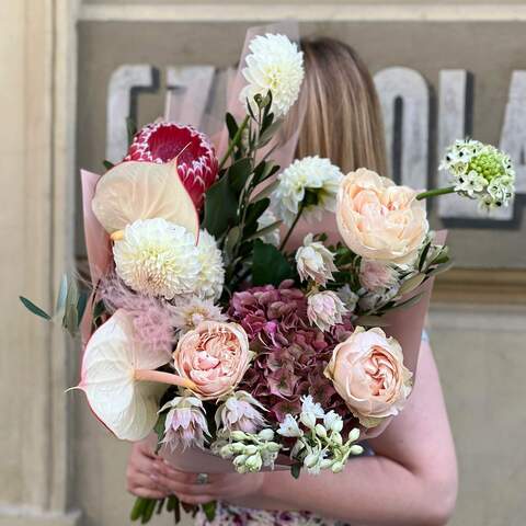 Bouquet «Shades of tenderness», Flowers: Pion-shaped rose, Hydrangea, Anthurium, Dahlia, Protea, Ornithogalum, Delphinium, Stipa