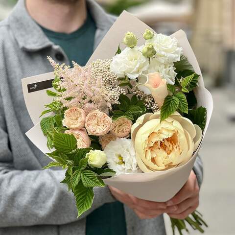 Cream bouquet with peony «Lviv pearl», Flowers: Astilbe, Ozothamnus, Zantedeschia, Paeonia, Rubus Idaeus, Peony Spray Rose, Eustoma