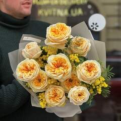 Сонячний букет із італійської мімози та кремової піоновидної троянди «Солодкий привіт»