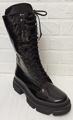 Зимові черевики жіночі. Грубі черевики шкіряні. Високі чорні черевики жіночі на товстій подошве. Зимові черевики на шнурівці 321-90.