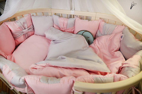 Комплект детского постельного белья Бантик с балхином в кроватку Розовый с голубым