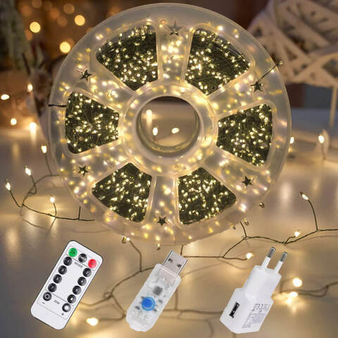 Гирлянда Роса фейерверк 100м, с пультом, 2500 LED, от USB и сети 220V, 8 режимов, Теплый Белый с Flash
