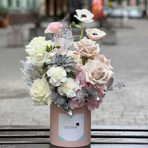 Most delicate composition of hydrangea, roses and anemones «Dreamy Jiliya», Flowers: Rose, Hydrangea, Anemone, Skimmia, Dianthus