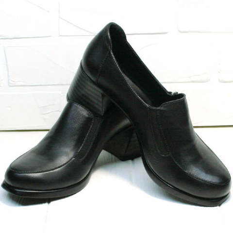 Кожаные туфли  на широком каблуке 6см. Черные туфли женские осень весна H&G BEM-B.