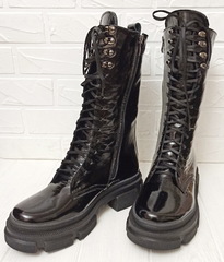 Зимові черевики жіночі. Грубі черевики шкіряні. Високі чорні черевики жіночі на товстій подошве. Зимові черевики на шнурівці 321-90.