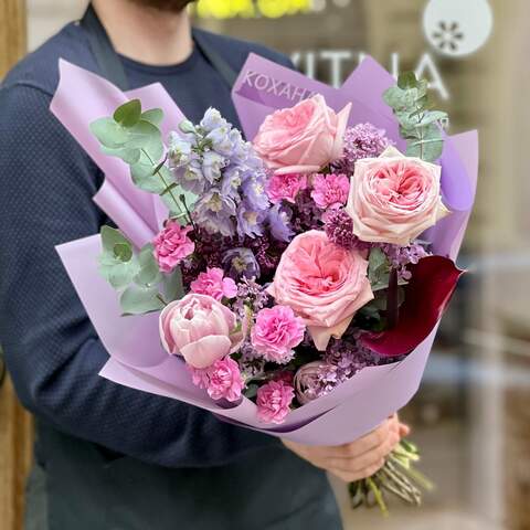 Photo of Bouquet with anthuriums and peony roses «Purple attraction»