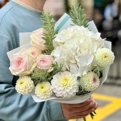 Light bouquet with dahlias «Bright Love», Flowers: Mimosa, Pion-shaped rose, Dahlia, Hydrangea