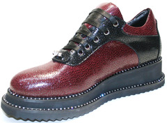 Женские туфли на плоской подошве. Бордовые туфли на низкой танкетке. Кожаные туфли в спортивном стиле Evromoda Bordo..36-й ( 22.5 см) размер