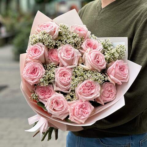 15 пионовидних троянд та хамелаціум у букеті «Запашна краса», Квіти: Троянда піоновидна, Хамелаціум