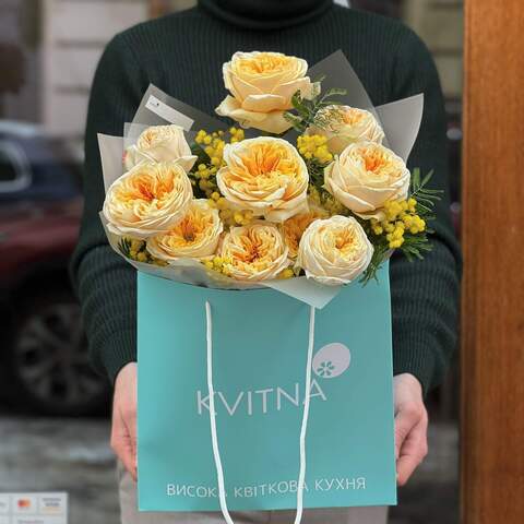 Photo of Sunny bouquet of Italian mimosa and cream peony roses «Sweet Hello»