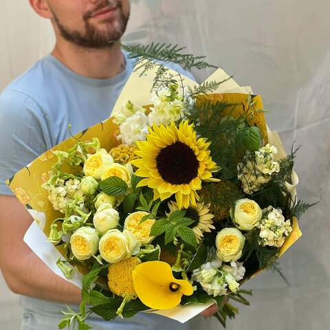 Bouquet «Sunflower Kingdom», Flowers: Helianthus, Zantedeschia, Peony Spray Rose, Matthiola, Asparagus, Celosia, Rubus Idaeus, Achillea