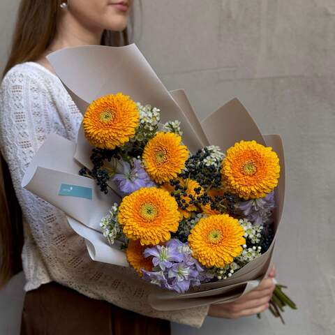 Bright and cheerful bouquet «Sunny Days», Flowers: Viburnum (berries), Gerbera, Delphinium, Chamelaucium