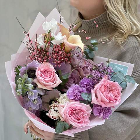 Bouquet «Pink Agate», Flowers: Rose, Anemone, Zantedeschia, Genista, Syringa, Dianthus, Tulipa, Delphinium, Lathyrus, Eucalyptus