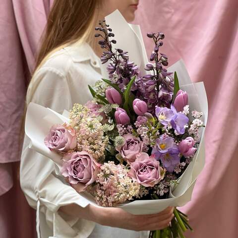 Bouquet «Lilac serpentine», Flowers: Rose, Delphinium, Syringa, Tulipa, Freesia, Chamelaucium, Astrantia