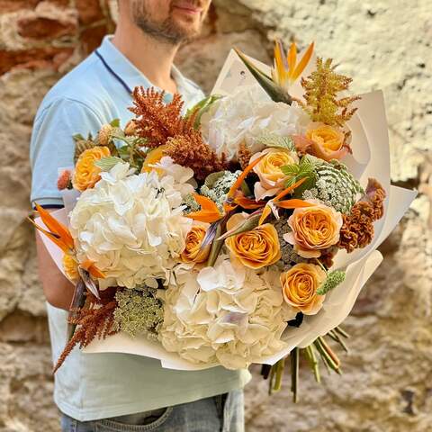 Exotic bouquet with strelitzia and hydrangea «Golden Heart», Flowers: Hydrangea, Celosia, Amaranthus Dark, Ammi, Rubus Idaeus, Strelitzia, Pion-shaped rose