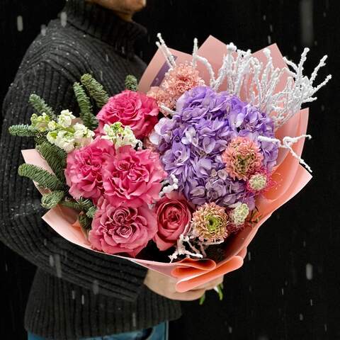 Букет «Засахарённые цветы», Цветы: Гортензия, Роза пионовидная, Гревиллея, Ранунклюс, Маттиола