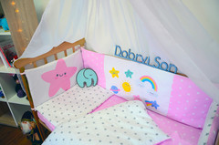 Комплект постельного белья для новорожденных с защитой-бортиками Леко Розово-белый