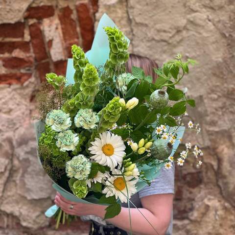 Bouquet «Green Moments», Flowers: Dianthus, Tanacetum, Molucella, Papaverum, Freesia, Cotinus