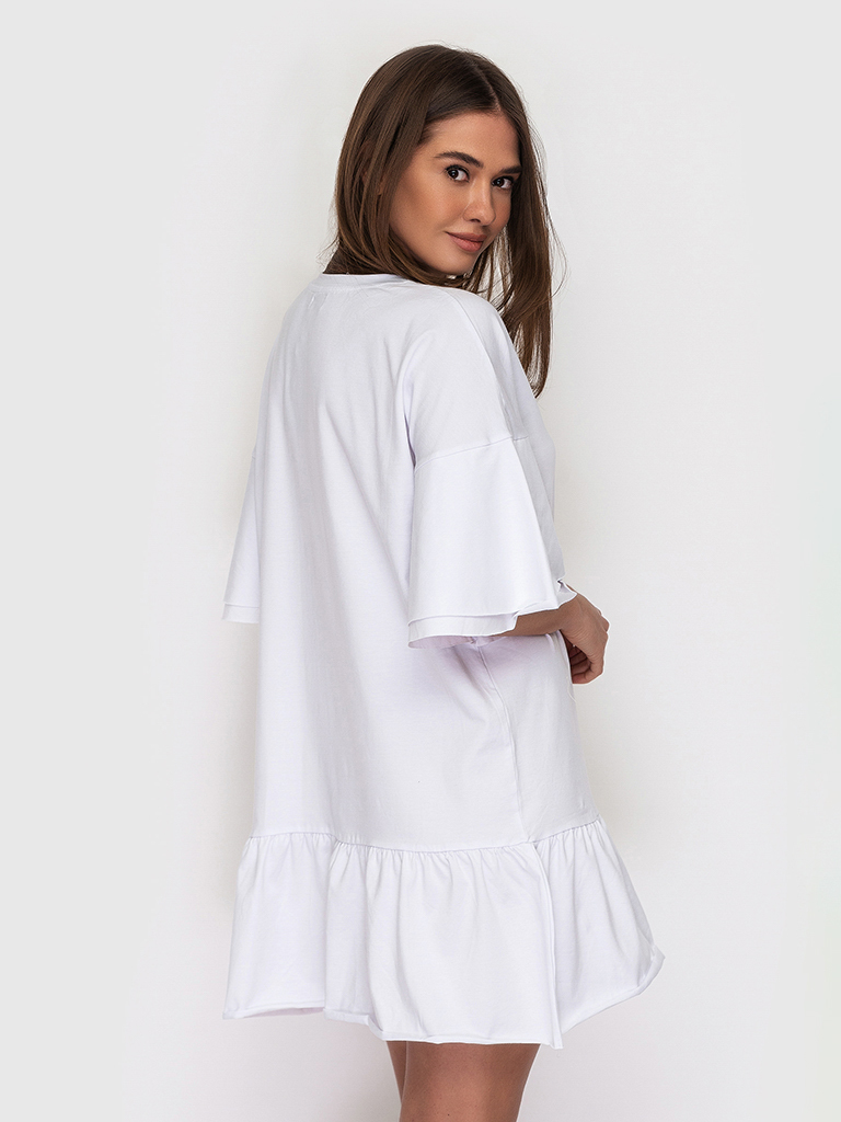 Сукня-футболка бавовняна біла з воланами 