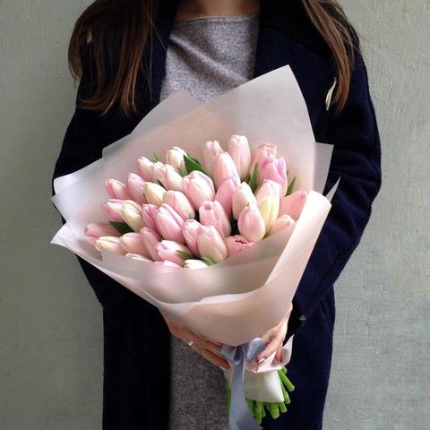 Букет з 35 рожевих тюльпанів «Зефір», Купити на День Святого Валентина (14 лютого) чи 8 березня свіжі хрусткі рожеві тюльпани - без сумнівів кльова ідея