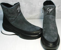 Зимние полусапожки без каблука женские Jina 7195 Leather Black-Gray