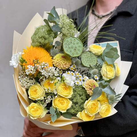 Sunny bouquet with sunflowers «Indian Dawn», Flowers: Nelumbo, Tanacetum, Freesia, Eucalyptus, Helianthus, Ammi, Chamelaucium, Peony Spray Rose, Eryngium, Bergras