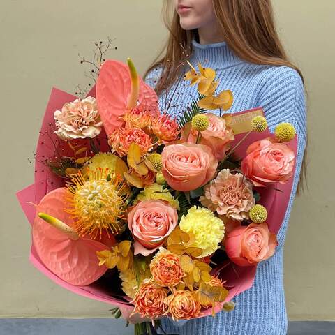 Bouquet «Tangerine Eclair», Flowers: Pion-shaped rose, Craspedia, Anthurium, Dianthus, Leucospermum, Bush Rose, Eucalyptus